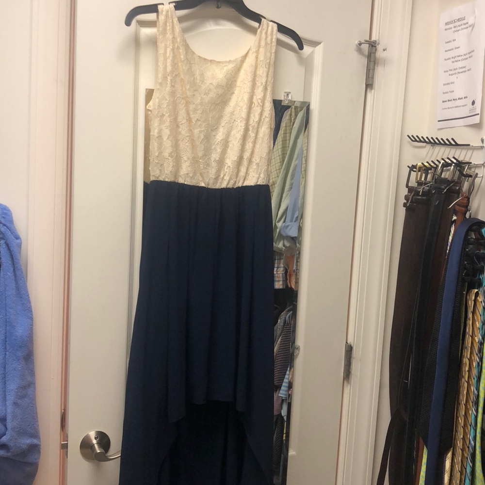 White and navy high low dress